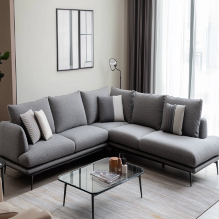 Contemporary Living Room Design with L-Shaped Grey Sofa and Glass Table